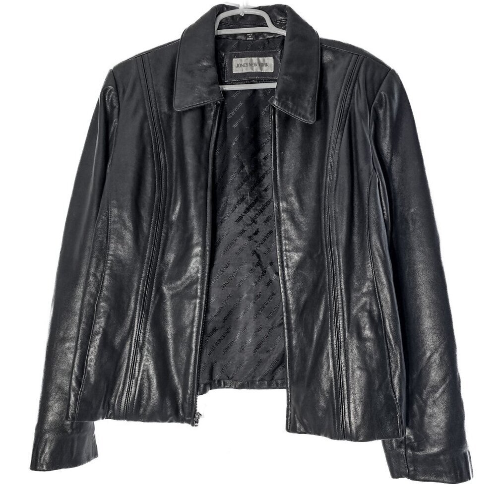 EUC Womens Jones New York Genuine Leather Biker Jacket Coat Zip up Large